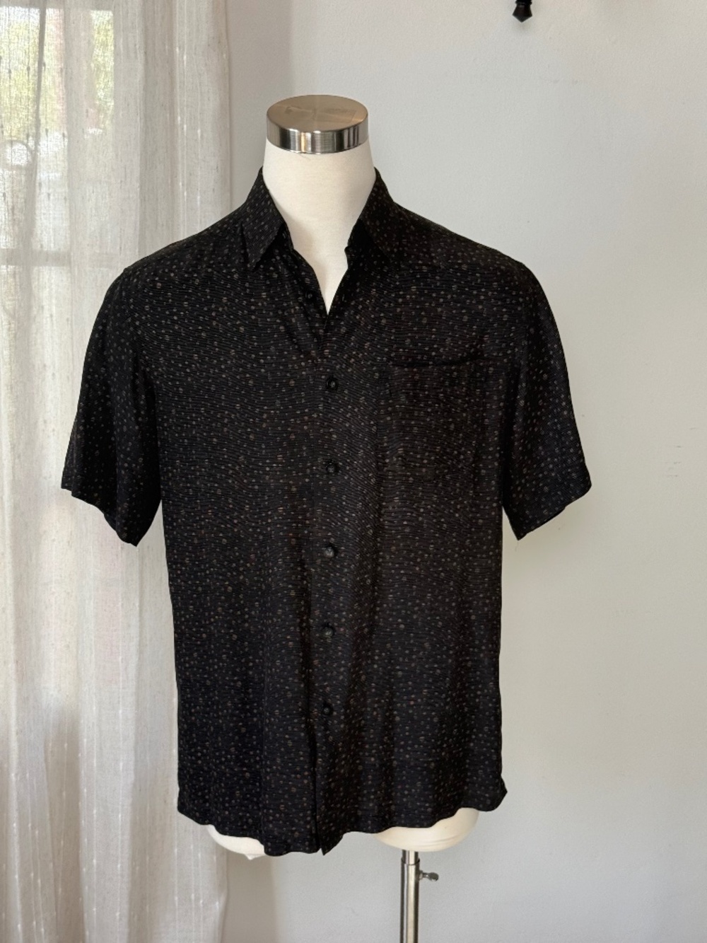 Vintage Claiborne Silk Shirt Black Tan Micro Dot Print Men's Medium